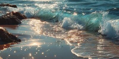 Waves crash on sandy beach under sunlight creating sparkling reflections during a serene afternoon by the ocean photo