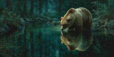 Grizzly bear forages in tranquil forest stream during twilight hours photo