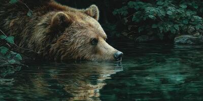 Grizzly bear swimming in serene forest pond during twilight with lush greenery surrounding the water photo