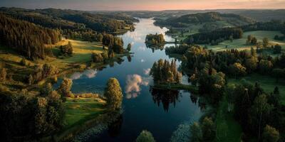 Breathtaking aerial view of a serene lake surrounded by lush forests in the countryside during golden hour photo
