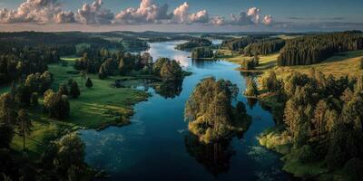 Lush river landscape at sunset with trees and calm water in a serene natural setting photo
