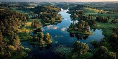 Scenic landscape view of a tranquil lake surrounded by lush greenery during golden hour light photo