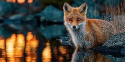 Fox stands by a serene lake reflecting vibrant colors of sunset in a peaceful wilderness setting photo