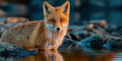Fox standing by water at dawn reflecting natural beauty and wildlife in a serene environment photo