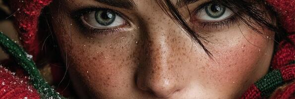 Striking close-up of a woman with captivating eyes and freckles in a cozy winter setting during snowfall photo