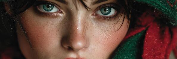 Close-up of a young woman with striking blue eyes and subtle freckles wrapped in a colorful scarf in a winter setting photo