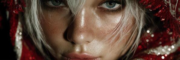 Close-up portrait of a person with striking features and unique makeup in a dramatic setting photo