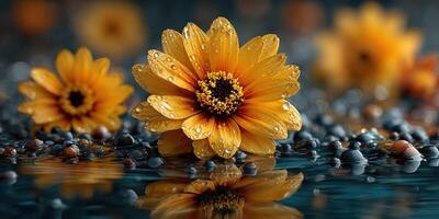 Bright yellow flowers with raindrops resting on pebbles by a calm water surface in a serene garden setting during early morning hours photo