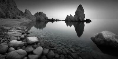 Serenity surrounds rocky coastline with calm waters reflecting majestic formations at dusk photo