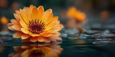 Vibrant orange water lily blooming in calm waters surrounded by droplets at twilight photo