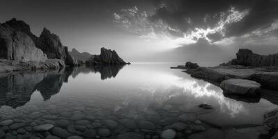 Serene black and white landscape featuring calm waters and rocky shoreline during twilight hours photo
