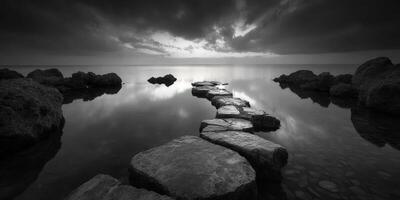 Path of stones leading into calm waters during twilight with dramatic skies reflecting on the surface photo