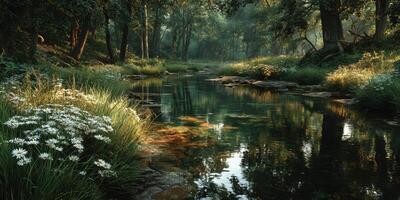 Tranquil forest stream reflecting morning light with blooming wildflowers in a serene woodland setting photo