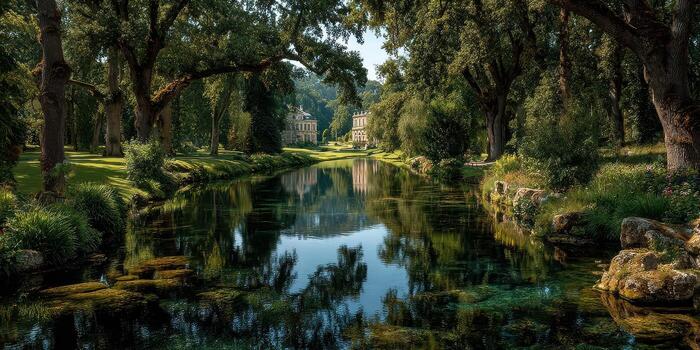 Serene reflection of historic architecture beside a tranquil waterway in a lush landscape during midday photo
