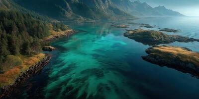 Breathtaking coastal view of turquoise waters and mountains in a serene landscape at dawn photo