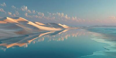 Expansive desert landscape with calm water reflecting clouds in evening light photo