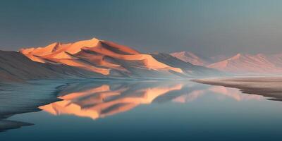 Sand dunes bathed in sunset glow reflect beautifully in tranquil waters at desert oasis photo