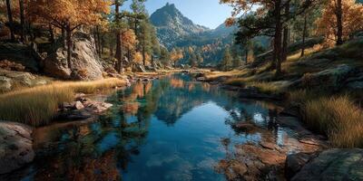 Serene autumn landscape by a clear river reflecting mountains and trees in a tranquil natural setting photo