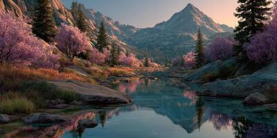 Serene spring landscape featuring blooming cherry trees and a tranquil river with mountains in the background photo