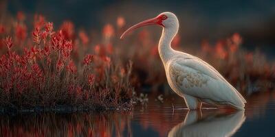 White ibis standing by a reflective water body surrounded by colorful flowers during golden hour in a serene natural landscape photo