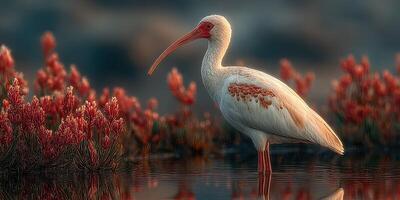 White ibis stands gracefully in shallow waters surrounded by vibrant red vegetation at sunset in a serene wetland photo