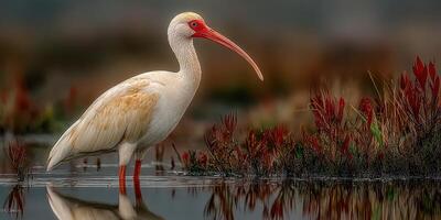 White ibis standing gracefully in shallow water surrounded by red vegetation at dawn photo