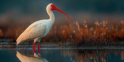 White ibis stands elegantly by the water's edge in a serene wetland environment during early morning light photo