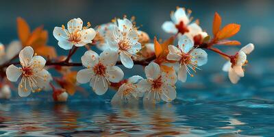 Delicate white flowers with orange accents floating on tranquil blue water in early spring afternoon light photo