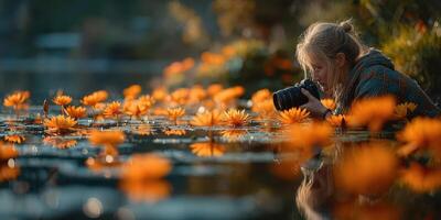 Young photographer capturing vibrant water lilies at sunset near a tranquil pond photo