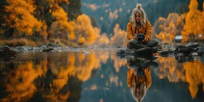 Woman in autumn attire capturing reflections by serene river in vibrant fall landscape photo