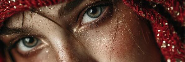 Intense gaze of a model adorned in glitter with a red headscarf in a close-up shot photo