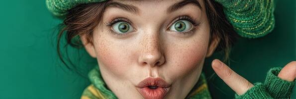 Surprised young woman in green outfit expresses excitement during a festive gathering in spring photo