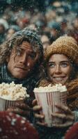 Couple enjoying popcorn in winter at an outdoor movie event surrounded by snow and a festive crowd photo
