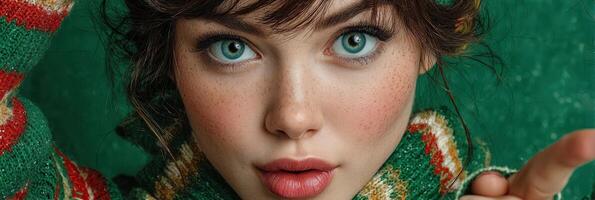 Model showcases vibrant makeup style with playful expression against a vivid green backdrop during a fashion shoot photo