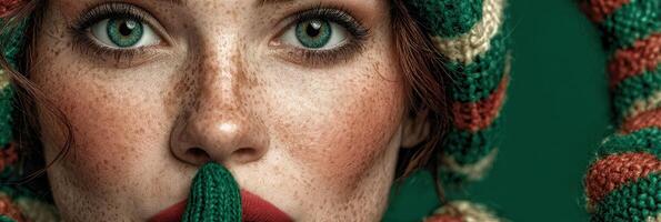 Beauty portrait of a woman with green eyes and freckles wearing a colorful knitted hat and scarf against a green background photo