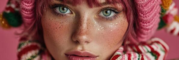 Close-up of a model with pink hair and freckles wearing a colorful winter hat against a pink background photo