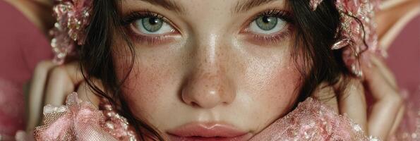 Close-up portrait of a model with striking blue eyes wearing pink fabric in a soft pink background during a fashion shoot photo