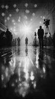 Crowd gathers for special event with lights and cameras capturing the moment in elegant hall photo