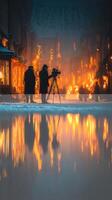 Cold evening with festive lights illuminating street as filmmakers capture the moment in winter setting photo