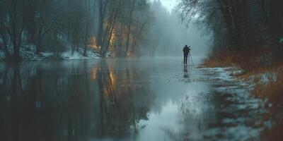 Photographer capturing the serene beauty of a foggy river landscape during winter photo
