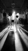 Creative lighting in a spacious room with shadows cast from a single chair during a photoshoot photo