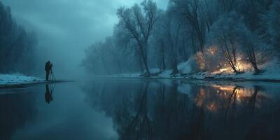 Photographer captures serene winter landscape by the river at dawn with fog and reflections photo