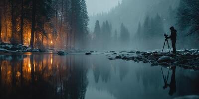 Photographer capturing the serene beauty of a misty forest river at dawn photo
