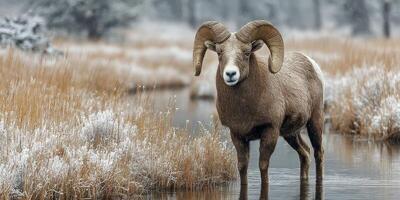 Big horn sheep stands in tranquil water surrounded by frosty grass in winter landscape at dawn photo