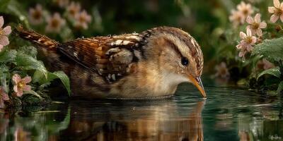 Bird drinking water from a tranquil pond surrounded by flowers in a serene natural environment photo