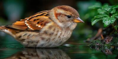 Bird drinking water at a serene natural habitat with lush greenery during daylight photo
