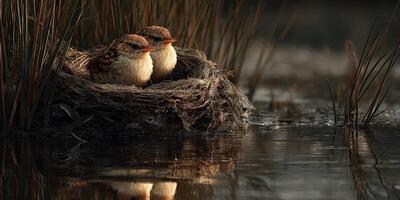 Nesting birds sit together by the water in a tranquil wetland during golden hour light photo
