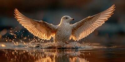 Seagull splashing in water at sunset with wings spread wide in a picturesque natural setting photo