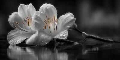 White flowers with raindrops resting on a dark surface create a serene atmosphere in this tranquil botanical setting photo