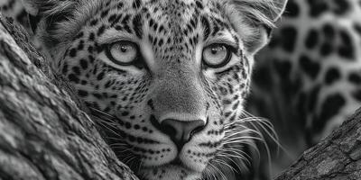 Close-up view of a leopard resting on a tree branch during daylight in a natural habitat photo